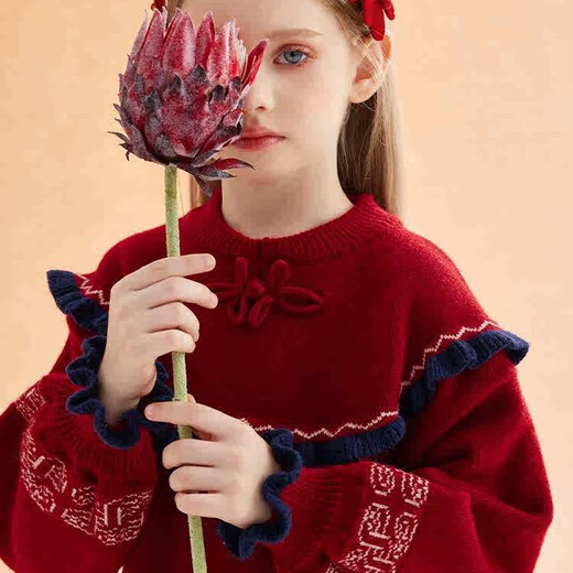 Ueki children's clothing girls' red New Year's greetings sweater dress autumn winter New Year red 170