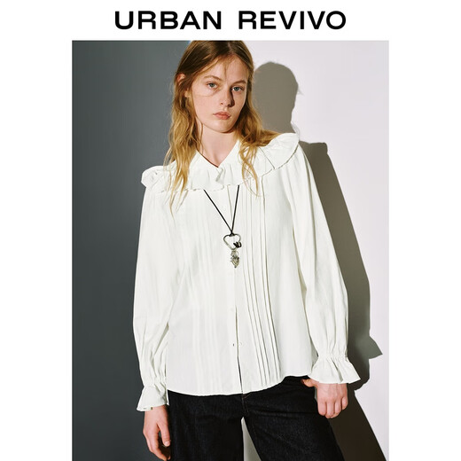 UR2025冬季新款女装休闲娃娃领荷叶边棉质开襟衬衫UYL250169 本白 M