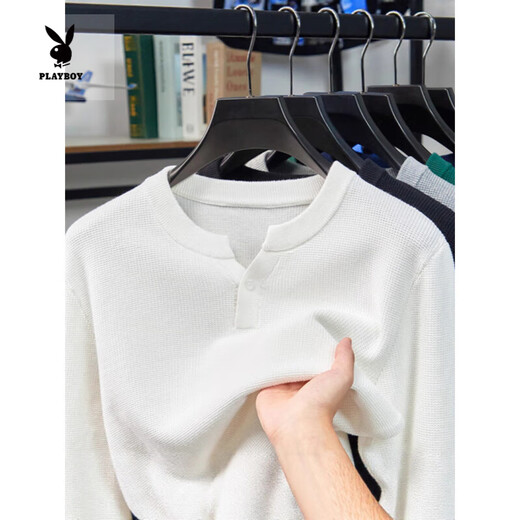 Playboy (PLAYBOY) pure cotton Henry collar long-sleeved sweater men's spring and autumn new casual simple solid color V-neck bottoming shirt white M 165 ((recommended 100-120)