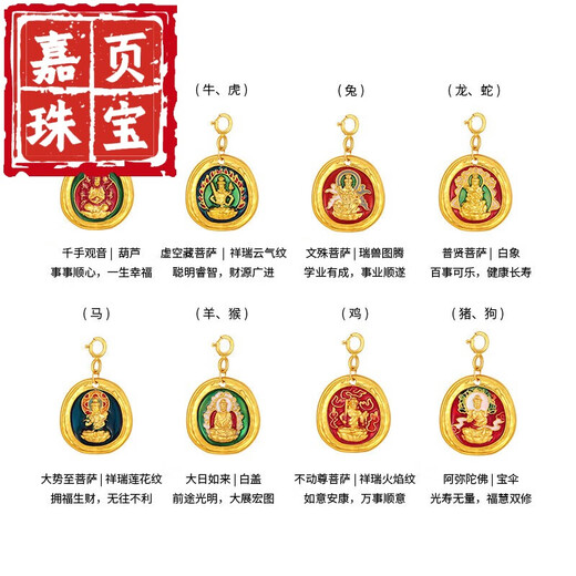 Jiaye 18K gold pendant eight zodiac signs natal Buddha pendant enamel pendant accessories birthday gift Thousand-Hand Guanyin Rat -234Y