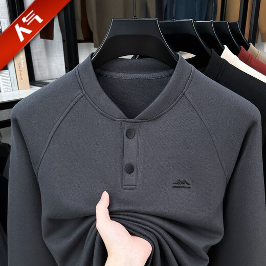 GOLDLION G+ German velvet two-button Henry collar sweatshirt men's autumn and winter new casual pullover loose long-sleeved bottoming shirt Khaki M (recommended 95-110Jin Jin equals 0.5 kg)