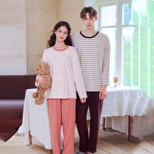 American Standard's new long-sleeved couple's soft cotton pajamas set for women in autumn and winter can be worn outside casual striped knitted cotton home clothes for men coral pink M