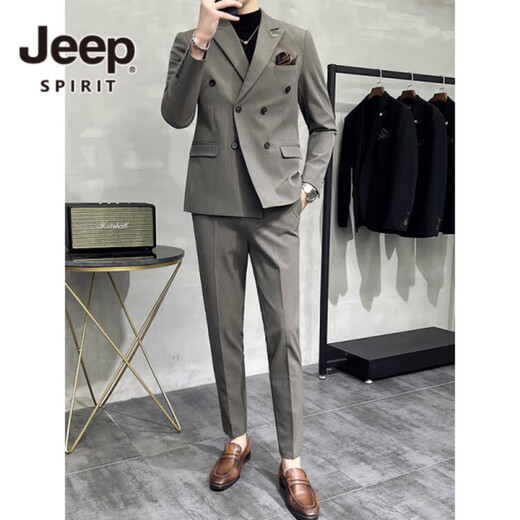 JEEP SPIRIT Jeep Double Breasted Suit Men's Suit Suit Autumn Men's Striped Casual Suit Men's Business Formal Wear Groom Dinner Black (Suit+Trousers+Vest) XL 52 125-140 Jin Jin is equal to 0.5 kg