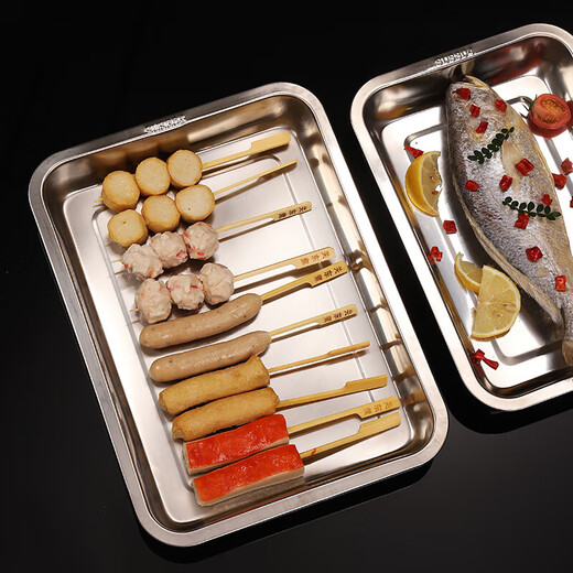 Lunsheng food-grade stainless steel tray rectangular commercial square plate barbecue plate grilled fish plate steamed rice plate serving basin pure 304 stainless steel extra thick 60*40*4.8 deep plate steamed rice plate