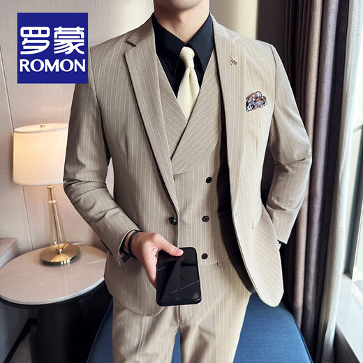 ROMON Light Luxury High-end Striped Suit Men's Business Casual Professional Formal Wear Groom Wedding Banquet Suit Dress Gray Suit + Suit + Vest XL Size (Free Brooch + Pocket Square)