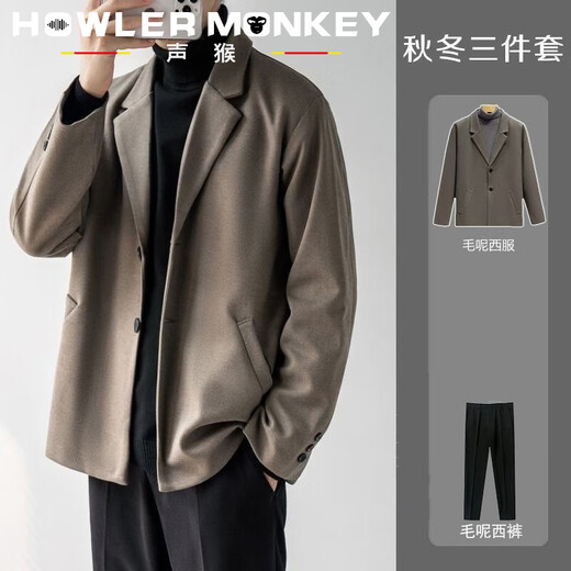 声猴秋冬季毛呢西装外套男正装高级感轻熟风套装加厚大衣韩版休闲西服 棕色西服+黑高领毛衣+西裤 加绒 L