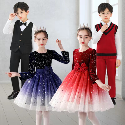 Disney Eleven Children's Performance Costumes Pure Cotton Princess Dress Female Dance Performance Puff Skirt Long-Sleeved Primary School Student Recitation Chorus Costume Long-sleeved Black Boys Overalls as shown in the picture 105 cm
