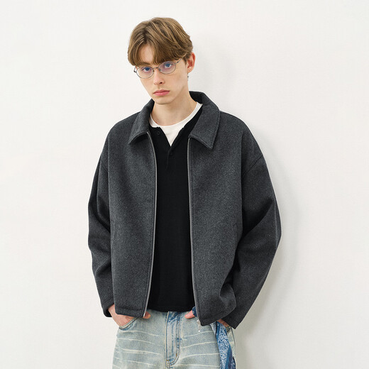 714street old money style wool blended lapel jacket 2025 autumn and winter silhouette woolen jacket for men dark gray M
