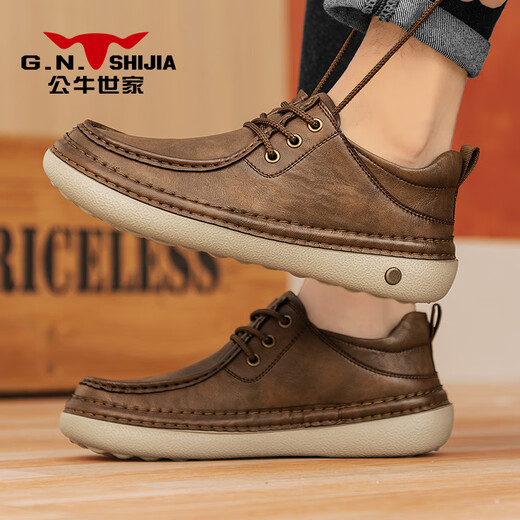 Bull family men's shoes autumn and winter new comfortable soft-soled men's casual shoes retro low-cut lace-up sneakers outdoor sports leather shoes