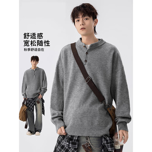 Cotton snow gray American Henry collar sweater for men autumn and winter 2025 new thickened warm sweater jacket with sweater inside light gray L 165CM-175CM