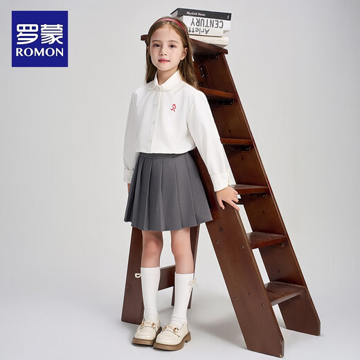 Romon children's clothing French preppy shirt girls autumn lace doll collar top embroidered white shirt white 120