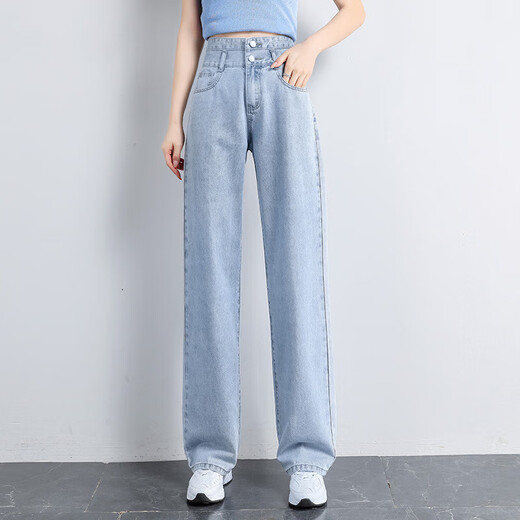 延芮高腰阔腿牛仔裤女新款显瘦直筒宽松垂感拖地春秋长裤牛仔裤 6218浅蓝色加长 M