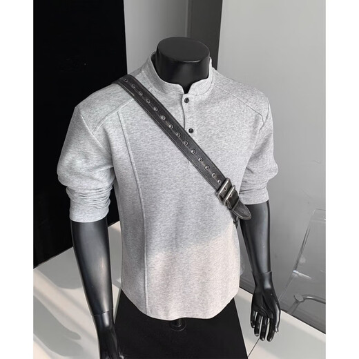 Yiqun Henry collar long-sleeved T-shirt sweatshirt for men in autumn deconstructed splicing design right shoulder bottoming shirt casual versatile POLO shirt light gray XL recommended 120-140Jin Jin equals 0.5 kg