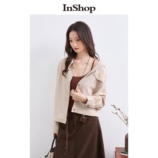 InShop mall same style new women's simple suspender top striped long-sleeved shirt contrasting color two-piece set Mocha strip L
