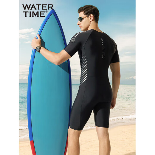 WATERTIME men's swimsuit and trunks one-piece short-sleeved wetsuit men's swimsuit black silver X M