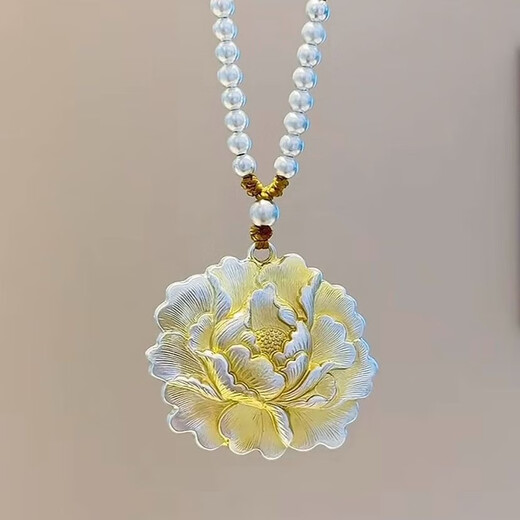 Laohuangxiang genuine pure silver 999 gold peony pendant Chinese style women's Chinese double-sided braided rope sterling silver necklace