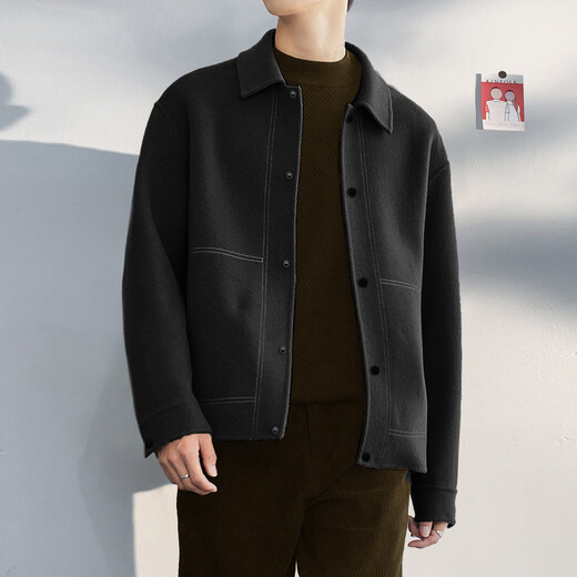 TonLion 2025 autumn and winter men's lapel topstitched solid color woolen jacket