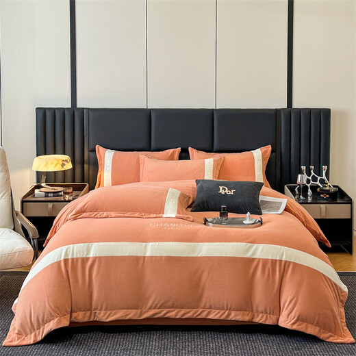 French style baby velvet bed four-piece set winter thickened double-sided baby velvet bed sheet quilt cover winter new product Mansha-Emma Orange bed sheet 1.5m quilt cover 200*230