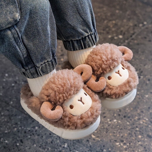 Winter children's cotton slippers for boys and girls, warm and plush, small and medium-sized children, infants and young children, home baby lamb cotton slippers, light coffee slippers, 12, 26/27 size (shoe length 16CM, suitable for feet 15