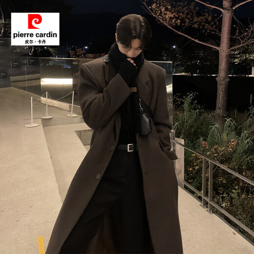 皮尔卡丹（pierre cardin）春秋韩版美拉德毛呢大衣男感中长款垫肩风衣过膝宽松呢子外套 咖啡色（加棉里衬） XL