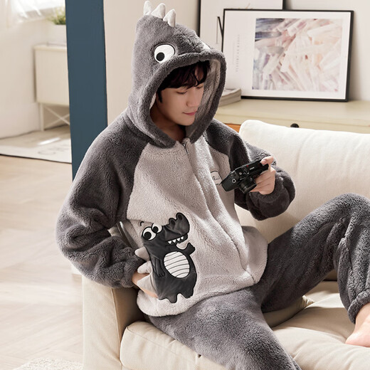 Teenage Love Story Men's Pajamas Autumn and Winter Coral Velvet Winter Plus Velvet Thickening Warm Teenagers Large Size Men's Home Clothing Set 140 Crocodile XL Male Height 168-176 Weight 128-150 Jin Jin is equal to 0.5 kg