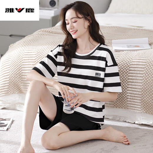 雅鹿2025年新款睡衣女夏季棉短袖两件套夏天家居服 YZT9857 M 女款 建议80-100斤