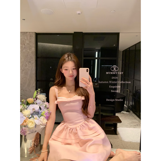 ACJKMummyCat laying cat kitten ears bow stitched imitation silk fur princess day dress cherry blossom pink L