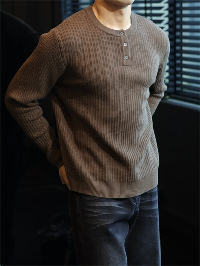 Men's 2025 new men's clothing simple antique texture long-sleeved henley sweater men's sweater old money black antique heavy jacquard texture M recommended 120 Jin Jin equals 0.5 kg One size