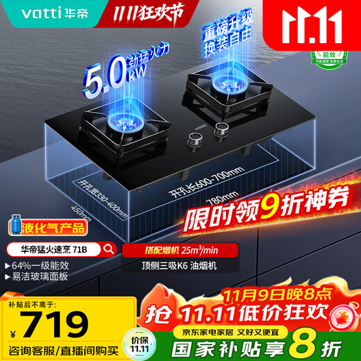 VATTI (VATTI) national subsidy 20% trade-in gas stove household canned liquefied gas embedded 5.0kW fierce fire first-class energy-efficiency gas stove double stove stove i10071B