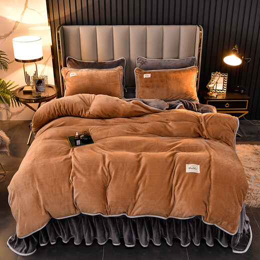 Yalu double-sided milk velvet four-piece winter thickened and velvet household flannel gold mink velvet quilt cover coral baby velvet bed sheet camel + dark gray double-sided milk velvet soft and warm bed skirt style 2.0 meters four-piece set (quilt cover 220*240cm)