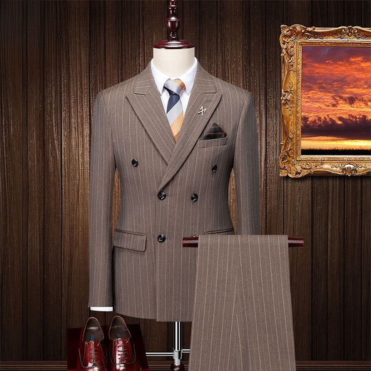 Lilan men's suit suit wedding groom double-breasted slim dress striped suit full set men's business formal suit dark gray double-breasted 3-piece suit suit + trousers + vest XL recommended 115-130 Jin Jin equals 0.5 kg