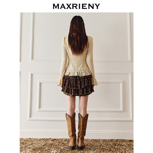MAXRIENY Shopping mall same style French retro knitted lace shirt women's 25 winter slim long-sleeved top cream S