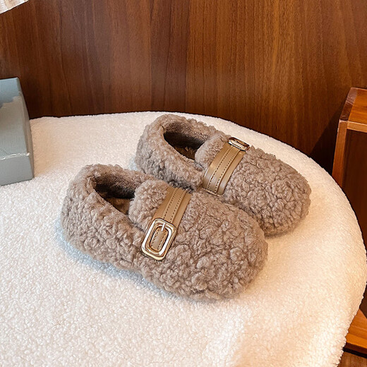 Children's furry shoes, girls' winter outerwear, Korean version, new velvet warm little girl's soft-soled baby cotton shoes, khaki color, size 28, inner length 16.7cm