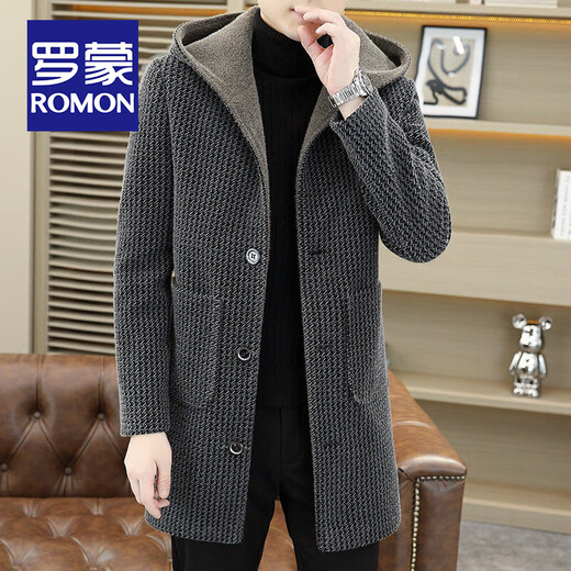 ROMON gold mink hooded woolen coat men's autumn and winter trendy casual mid-length windbreaker jacket thickened woolen coat 2355 gray L about 105-120 Jin Jin equals 0.5 kg can be worn