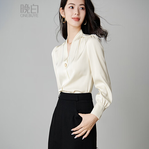 Late white new product 2025 autumn style light and mature V-neck shirt casual age-reducing fashion commuting shirt for women beige L