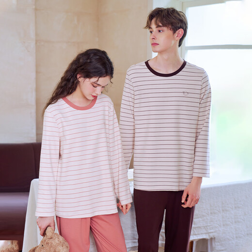 American Standard's new long-sleeved couple's soft cotton pajamas set for women in autumn and winter can be worn outside casual striped knitted cotton home clothes for men coral pink M