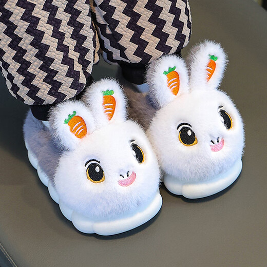 Yicong children's cotton slippers for women in autumn and winter new cute baby indoor non-slip soft bottom warm boys' parent-child fur slippers Violet (rabbit style) 20-21 sizes inner length 12.0 about 3-12 months small size