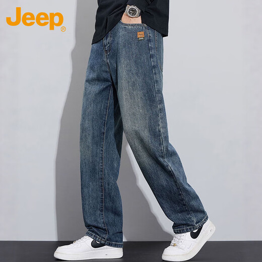 JEEP jeans men's autumn and winter straight casual pants men's loose wide-leg pants stretch nostalgic blue 33