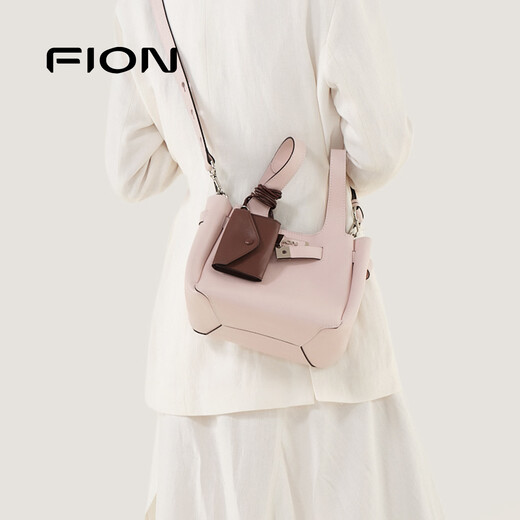 FION 2025 New Bag Genuine Leather Bucket Women's Bag Premium Handbag Large Capacity Shoulder Bag Pink/Brown