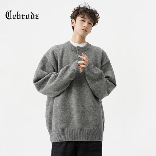 Cebrodz French sweater men's autumn and winter new fashion brand American Henry collar sweater casual tops couple jacket dark gray L