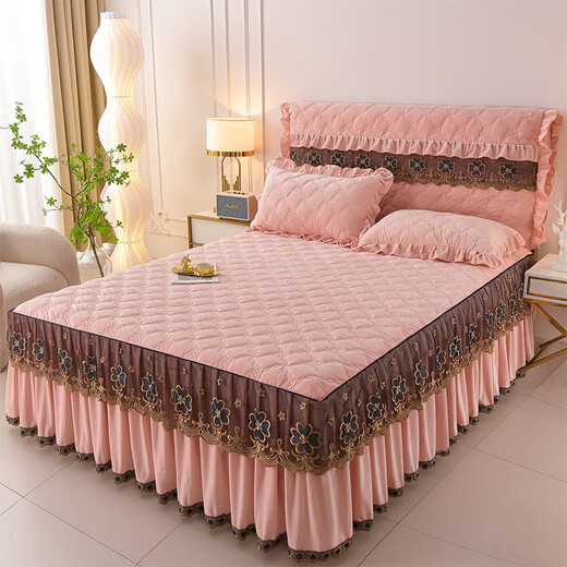 Mercury Series Home Textiles European Light Luxury Class A Baby Velvet Quilted Bed Skirt Single Piece Thickened Milk Coral Velvet Lace Bed Pink Jade Single Bed Skirt 120cm*200cm