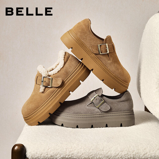 百丽厚底保暖毛毛鞋女2025冬新二层牛皮复古勃肯鞋JD009DM5 棕毛里 37
