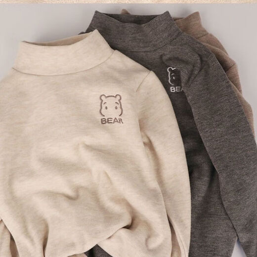 Children's long-sleeved T-shirt for boys and girls in autumn and winter embroidered bear half turtleneck top baby warm inner layering shirt khaki + beige color two-piece set 100