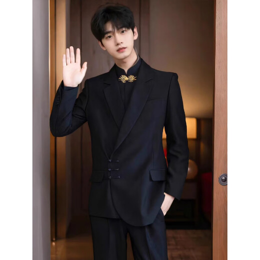 New Chinese style black buttoned suit jacket Chinese tunic suit engagement groom wedding dress casual suit black jacket high quality S recommended 75-95Jin Jin equals 0.5 kg