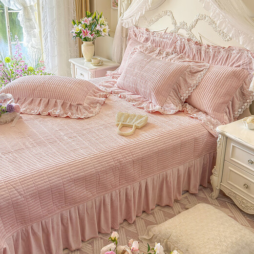 Yalu Korean lace baby velvet bed skirt four-piece set winter double-sided milk velvet warm bed sheet quilt cover three-piece set Chanel Garden-Pink Jade bed cover 1.5m four-piece set