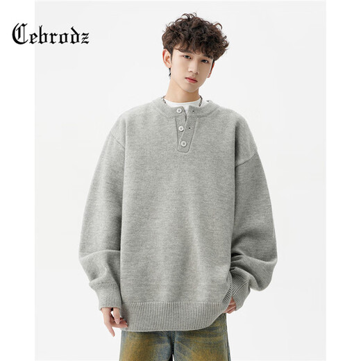 Cebrodz French sweater men's autumn and winter new fashion brand American Henry collar sweater casual tops couple jacket dark gray L