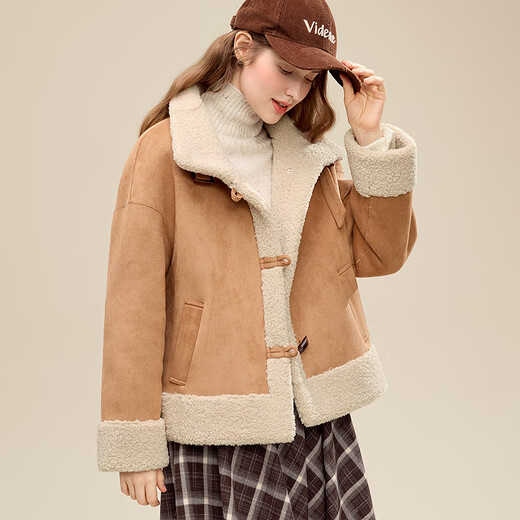 Betu Women's 2025 Winter New Short Jacket Gentle Temperament Environmentally Friendly Suede Particle Jacket Women 2511T32 Camel Color XS