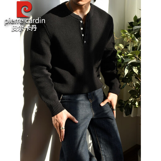 Pierre Cardin thickened sweater men's Henry collar sweater casual cotton heavy sweater American retro bottoming sweater raw cotton color S