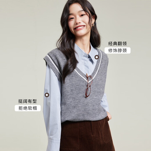 Tumanduo blue shirt women's autumn new gray loose sweater vest layered shirt two-piece top blue shirt S