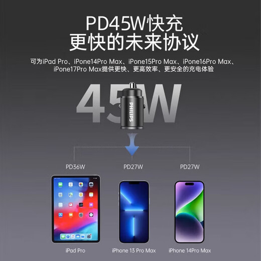 Philips Car Charger Apple 17/16 Huawei Super Fast Charging Cigarette Lighter One to Two Car Charger PD Stealth Charger Car Charging Adapter 4316 Black